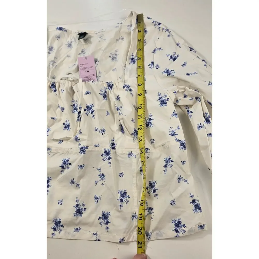 NWT XXL floral milkmaid crop peasant midi top long sleeve cottagecore coquette - Picture 9 of 10